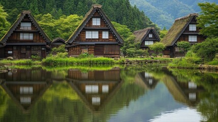Obraz premium Shirakawa-go picturesque village, with the traditional houses reflected in a nearby pond.