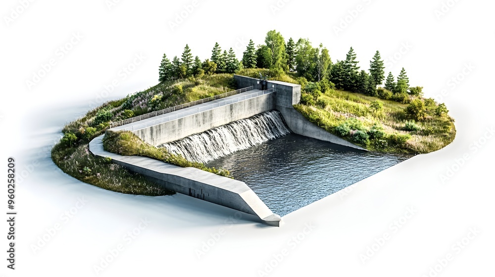 Poster rendering of eco-friendly dam in river with minimal backdrop
