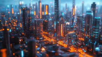 Fototapeta premium A futuristic cityscape with glowing skyscrapers and neon lights.