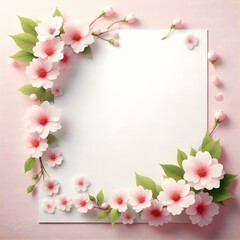 Delicate Frame of Pink Cherry Blossoms with Leaves on Bright Background