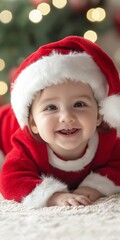 A baby wearing a red Santa hat and a red outfit is smiling. The baby is laying on the floor