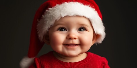 A baby wearing a red hat and a red sweater is smiling