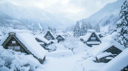 Fototapeta premium Shirakawa-go's traditional houses covered in thick snow, with the surrounding mountains creating a serene backdrop. -