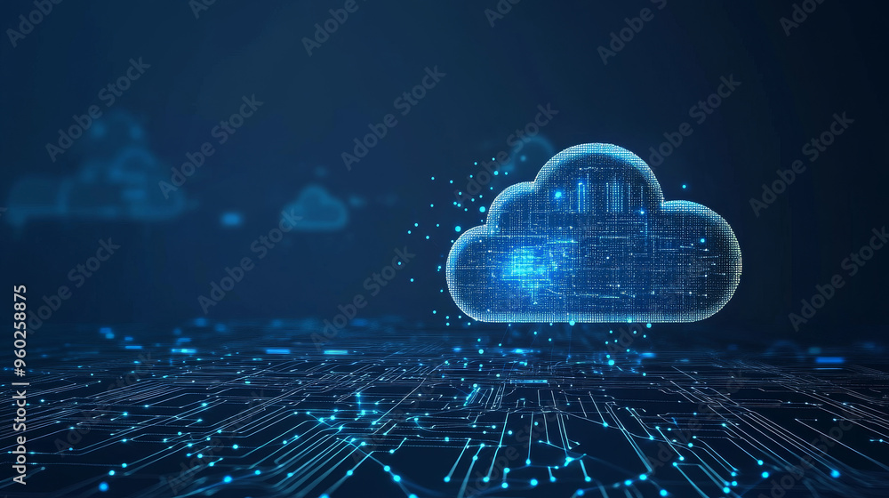 Poster cloud data center featuring digital technology dots on a blue background. represents database comput