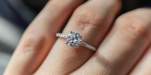 Obraz premium A close-up of someone holding an engagement ring on their finger. 