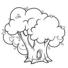 Big old lush foliar tree with a hollow linear drawing for coloring isolated on white background