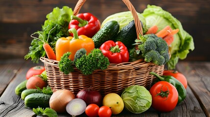 Fresh organic fruits and vegetables in wicker basket