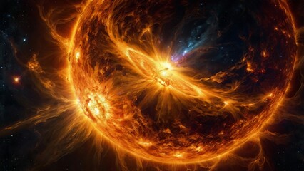 A fiery solar flare erupts from the surface of the sun.