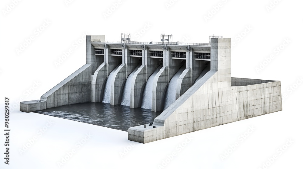 Poster detailed 3d rendering of a hydropower dam structure on a white background