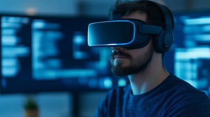 Coder working on database optimization, virtual reality displays, blue tones
