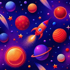 Immerse in the vibrant beauty of outer space, adorned with planets and a rocket. Seamless pattern.