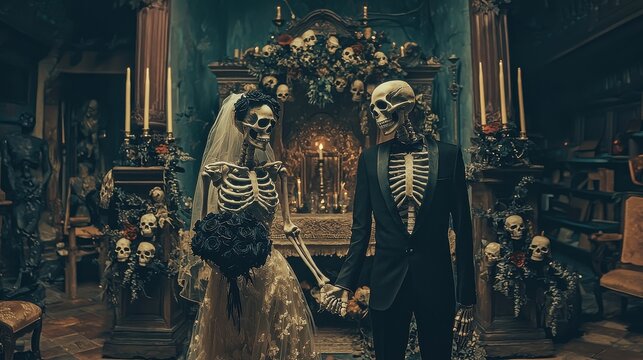 A spooky scene with a skeleton bride and groom holding hands in front of an altar decorated with skulls and black roses in a dimly lit room