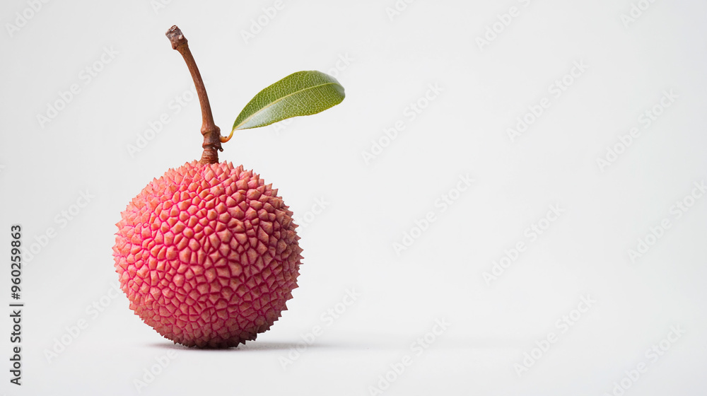Poster fresh lychee fruit with green leaf on a light background showcasing its unique texture and color