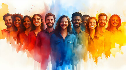 A vibrant illustration of diverse smiling individuals in colorful tones.