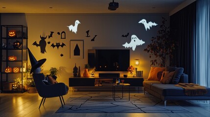 A Halloween party in a minimalist modern living room, sleek furniture with black and orange decor, a witch's hat casually placed on a chair, ghostly silhouettes dancing on the walls from projector