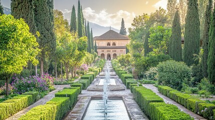 Fototapeta premium The Alhambra Generalife Gardens with lush greenery, fountains, and the palace in the distance.