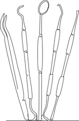 One continuous single drawing line art flat doodle tool, dentist, hygiene, equipment, dental, teeth, metal, clinic, instrument, medicine. Isolated image hand draw contour on a white background
