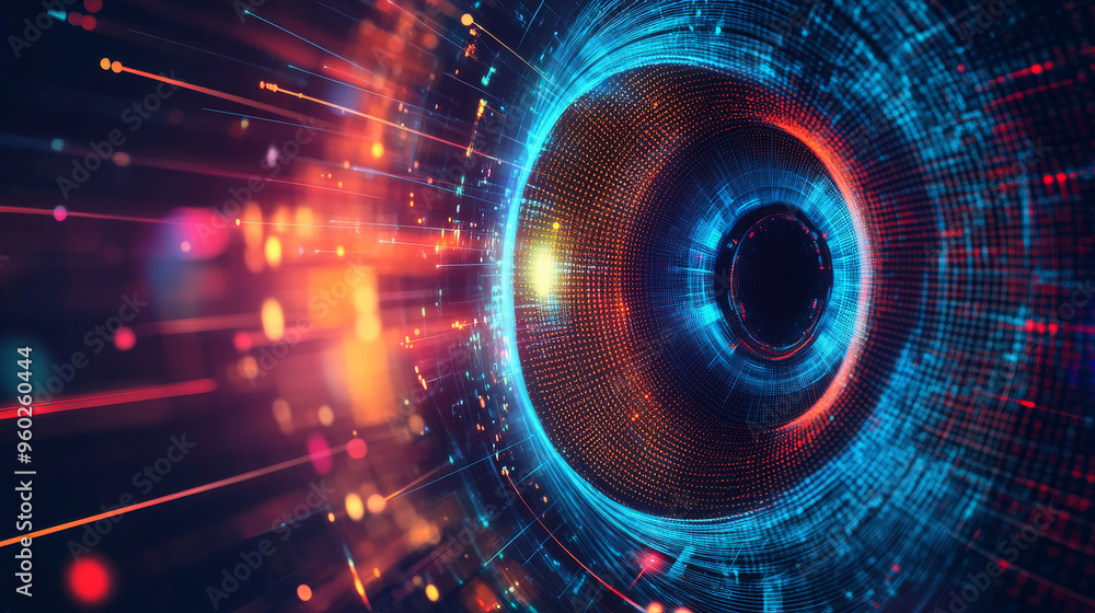 Poster eye technology network with cyberspace dot connections. includes eye scan for identity verification 