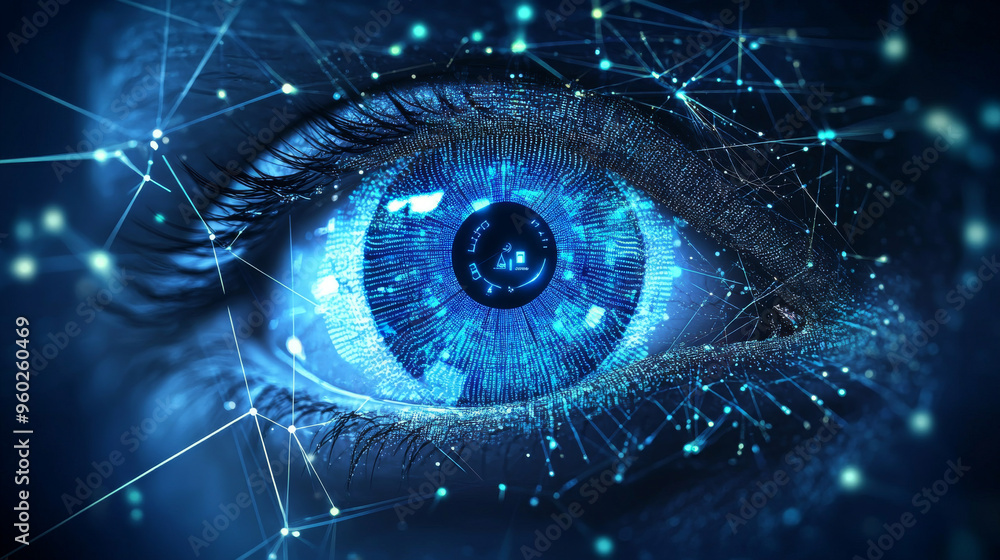 Poster eye technology network with cyberspace dot connections. includes eye scan for identity verification 