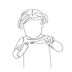One continuous single drawing line art flat doodle child, person, girl, hygiene, toothbrush, childhood, teeth, smiling, lifestyle, paste. Isolated image hand draw contour on a white background
