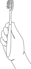 One continuous single drawing line art flat doodle person, toothbrush, hygiene, care, toothpaste, hand, holding, beauty, lifestyle, horizontal. Isolated image hand draw contour on a white background
