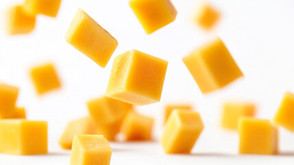 Floating cubes of sharp cheddar cheese against a bright white background create a playful and vibrant kitchen atmosphere