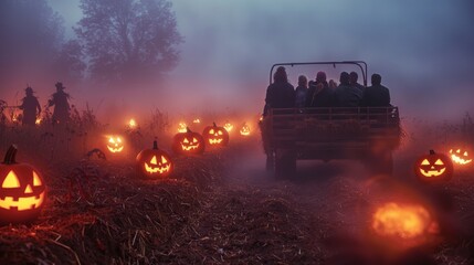 Fototapeta premium A diverse group of friends rides a hayride through a foggy field as scarecrows and glowing pumpkins line the path with the scent of earth and autumn leaves in the air