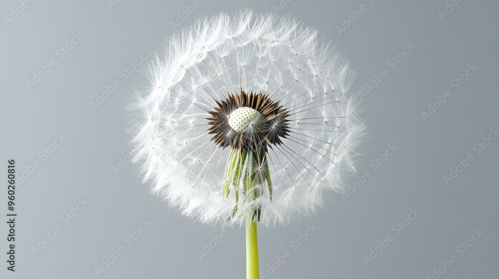 Poster isolated dandelion captured in close-up, emphasizing the intricate structure of its seeds, standing 
