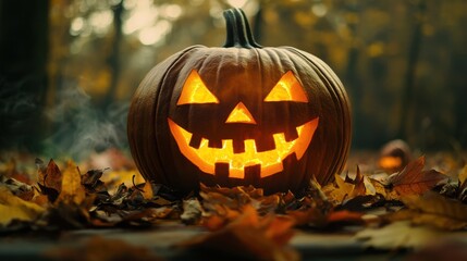 A large jack-o'-lantern with a mischievous grin sits on a table surrounded by autumn leaves and a faint scent of cinnamon as dusk approaches