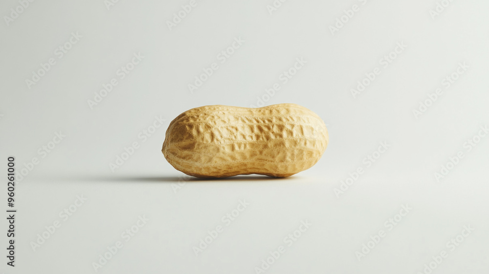 Poster single peanut lying on a plain surface, showcasing its textured shell under soft, diffused light