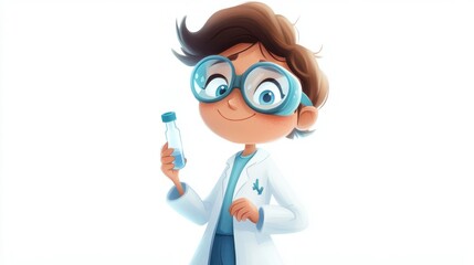 Female Scientist Cartoon Character with Glasses and Lab Coat in Illustration Style