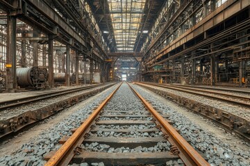 Fototapeta premium Railroad Tracks Leading Through an Abandoned Industrial Building