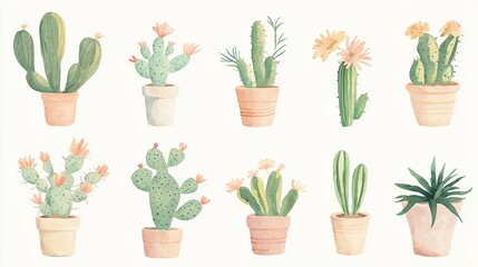Watercolor Cactus and Succulents Potted Plants for Decor and Design