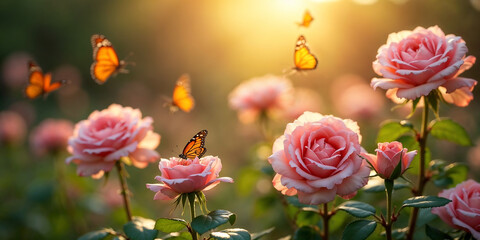 Fototapeta premium Delicate pink roses in full bloom, with butterflies fluttering around them in the soft, golden light of the afternoon