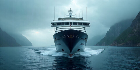 A majestic cruise ship cuts through the calm waters of a fjord, surrounded by towering cliffs and misty rain