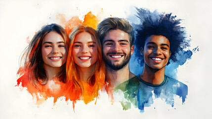 A vibrant watercolor illustration of diverse smiling faces.