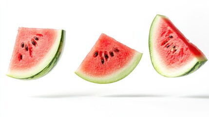 Slices of watermelon in mid-air, perfectly isolated on white, with full depth of field highlighting their refreshing texture