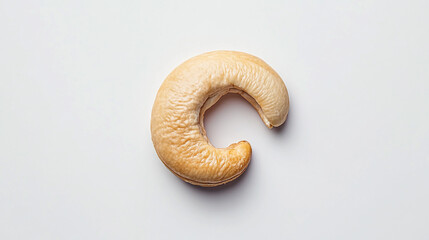 Curved cashew nut with smooth texture positioned on a white surface, showcasing its natural form and color in a minimalist setup