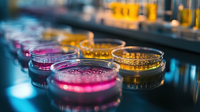 27. Close-up of petri dishes with bioengineered organisms in a biotechnology research lab