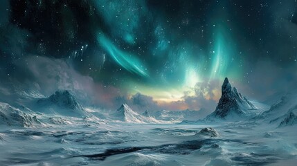 The awe-inspiring sight of the Russian Aurora Borealis over a snowy landscape.