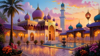 Beautiful evening at a vibrant palace with colorful domes