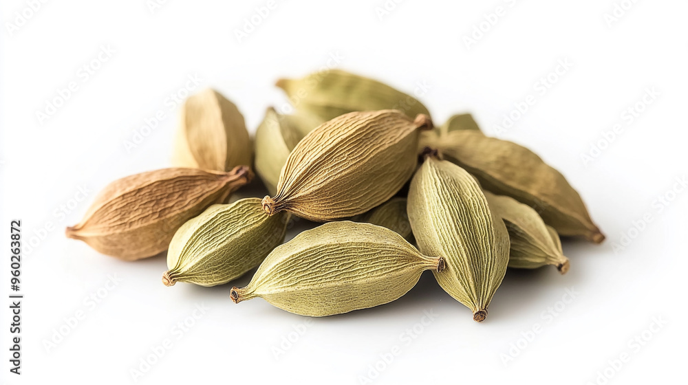 Poster a close-up view of green and brown cardamom pods arranged neatly on a white background, showcasing t
