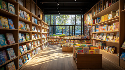 Obraz premium Bright and cozy children's bookstore with organized wooden shelves, colorful books, and warm sunlight through large windows, peaceful and inviting reading space, bookshop interior design.
