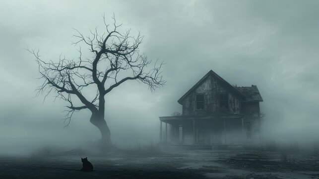 A fog-covered haunted house with broken windows and a creaking door, surrounded by a dead tree silhouette and a single black cat staring into the camera