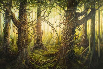 A painting of a forest with vines and trees