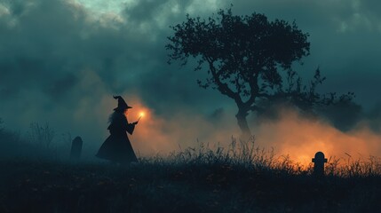 Fototapeta premium A young girl dressed as a witch, holding a glowing wand, stands in front of a spooky graveyard at twilight, with a silhouette dead tree and swirling fog adding to the eerie feel