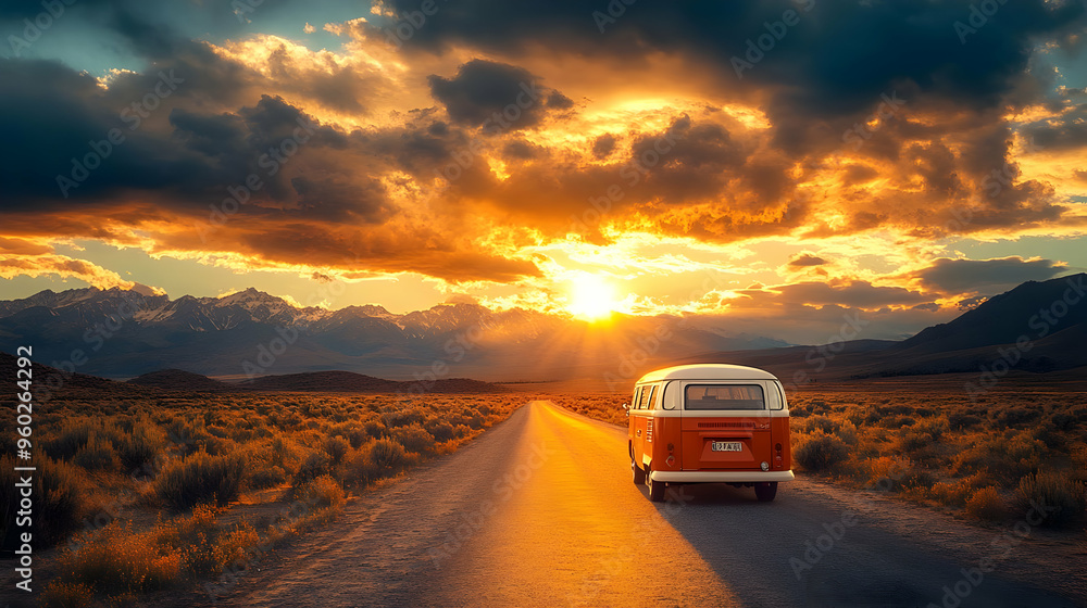 Poster a vintage van on a road at sunset with mountains in the background.