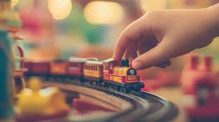 Hand Holding a Toy Train: A hand guiding a toy train along its track, with a soft-focus background...