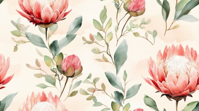 Seamless floral wallpaper featuring watercolor stock blush and protea blushing bride blush, beautifully scattered in an alternating pattern