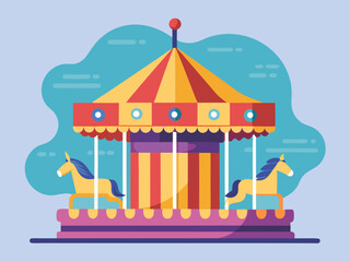 Horse carousel in the amusement park. Ticket design. Flat vector illustration.
